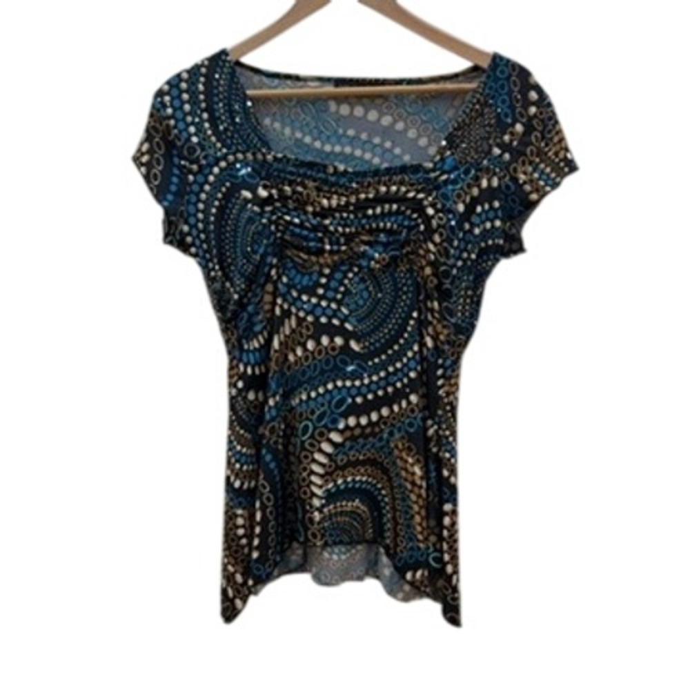 Vintage Babydoll Y2K Top Sz XS Print Ruched Square Neck Short Sleeve Asym Hem